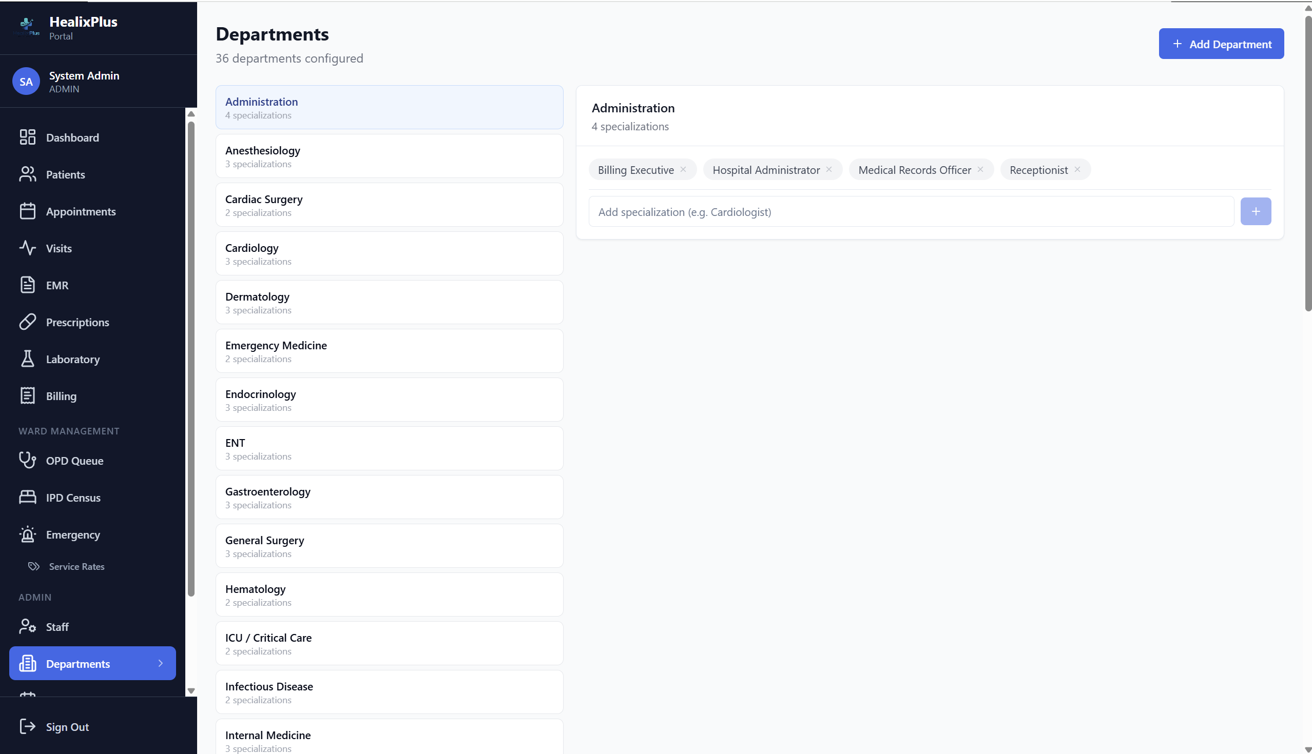 HealixPlus — Create Departments & Specialisations