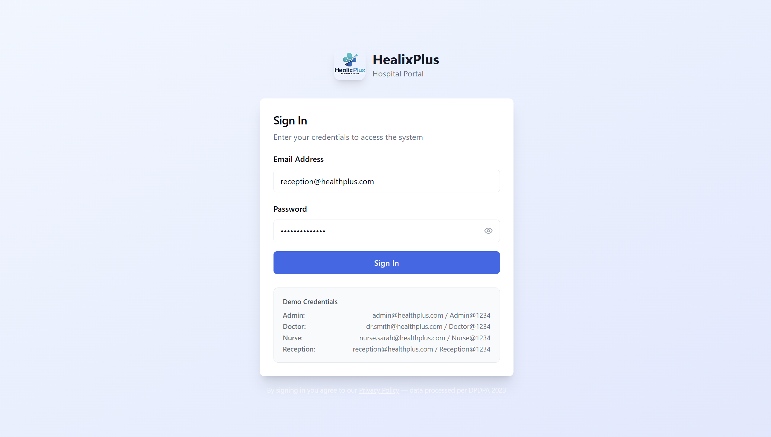 HealixPlus — Receptionist Login