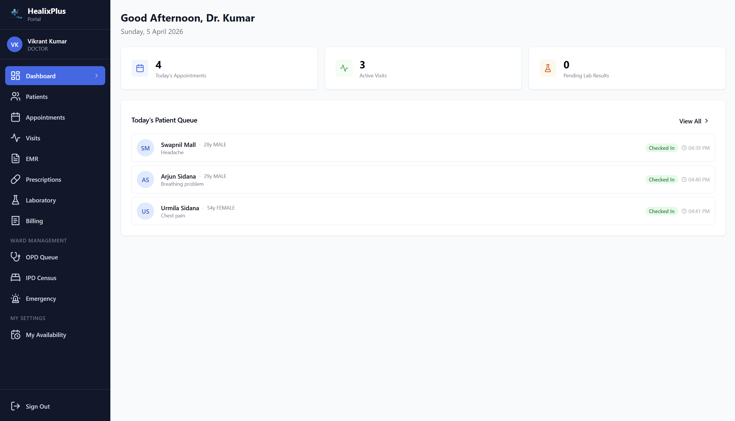 HealixPlus Portal — OPD Queue